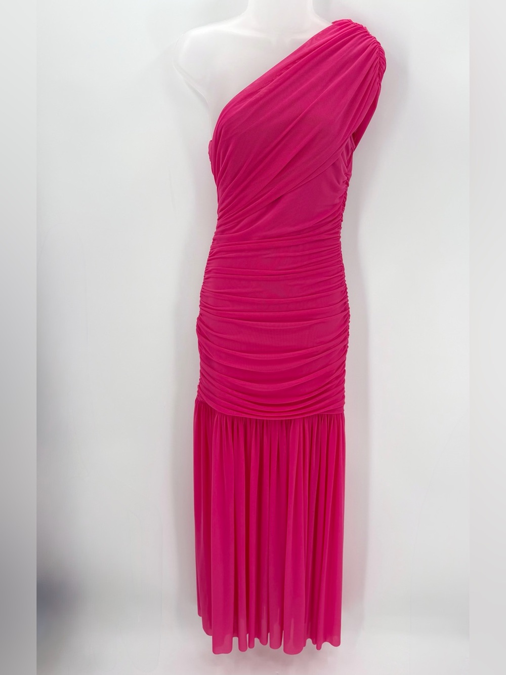 One-Shoulder Ruched Fuchsia Maxi Dress